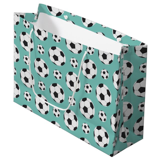 Teal Soccer Ball Pattern Green Blue Birthday Sport Large Gift Bag (Front Angled)