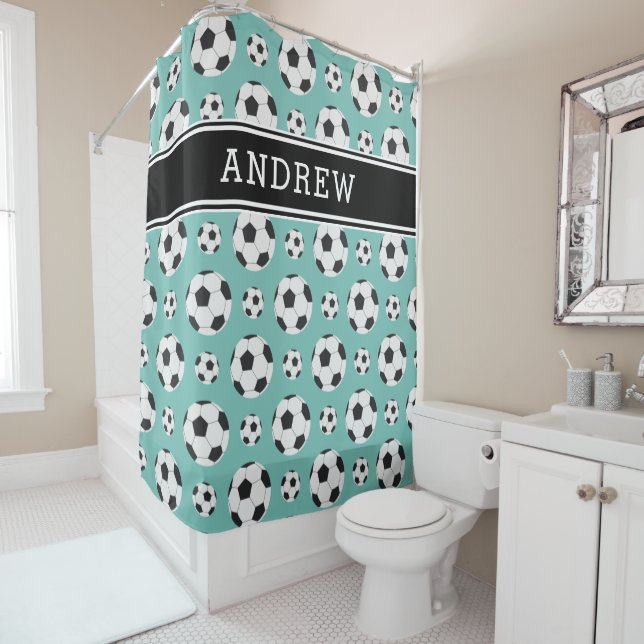 Teal Soccer Balls Pattern Kid Boy Girl Player Name (In Situ)