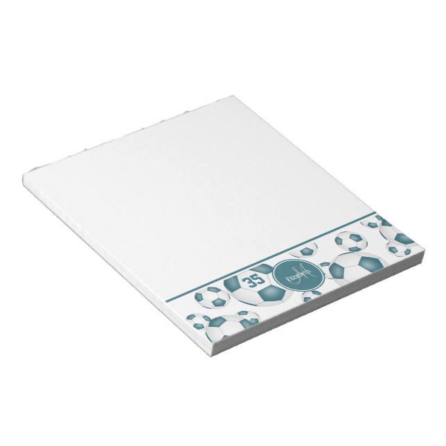Teal soccer balls pattern sports accent notepad (Angled)