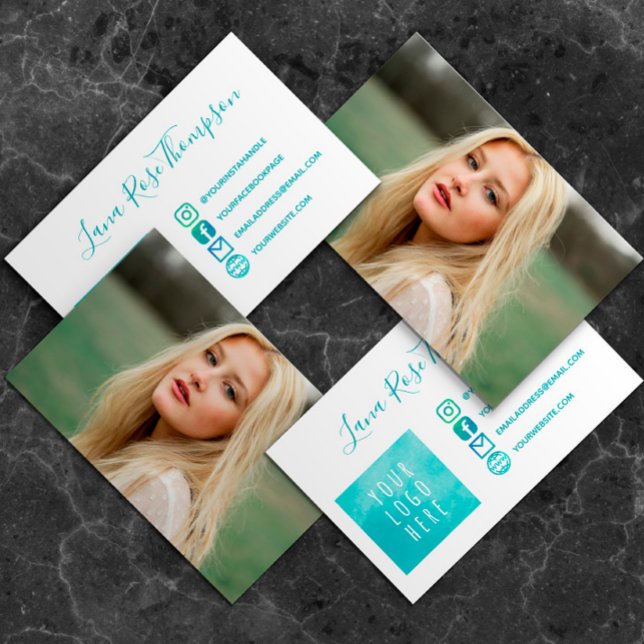 Teal Social Media Icons Photo & Logo Business Card (Creator Uploaded)