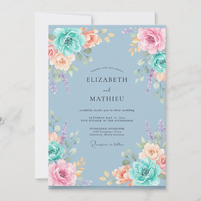 Teal Soft Floral Embrace Wedding Invitation (Front)