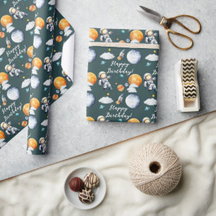 Teal Space Astronaut Happy Birthday Wrapping Paper
