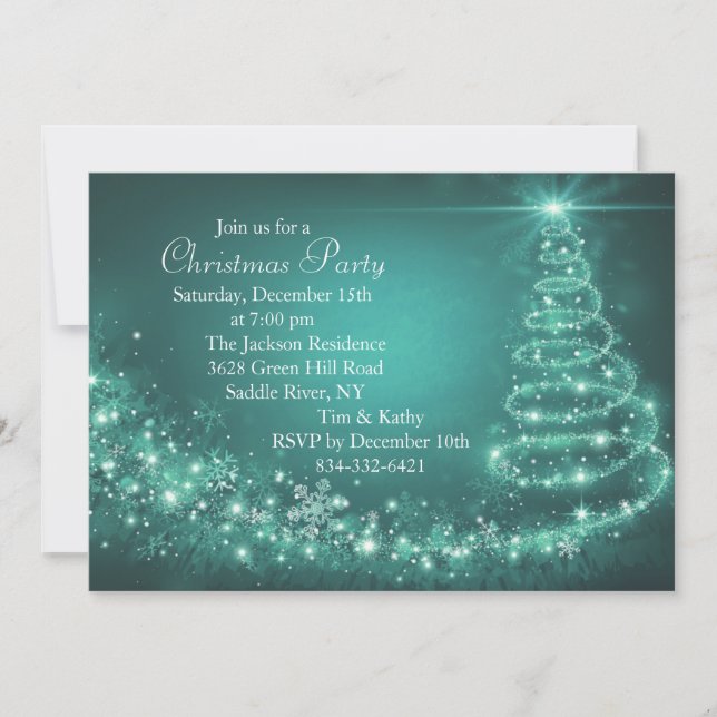 Teal Sparkle Christmas Tree Party Invitation (Front)