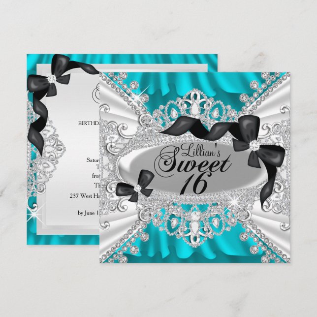 Teal Sparkle Diamond Bow Sweet 16 Invite (Front/Back)