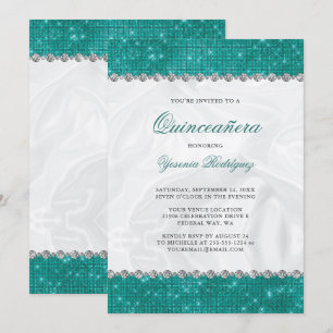 Teal Sparkle Glitter Glam Diamond Quinceañera Invitation