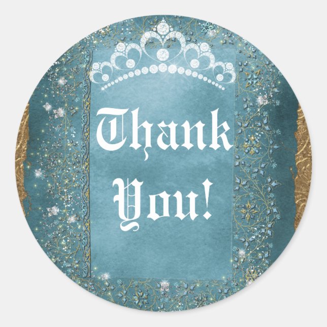 Teal Sparkle & Gold Diamond Tiara Scroll Party Classic Round Sticker (Front)