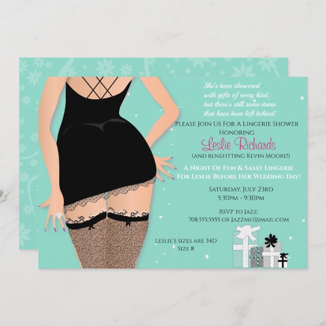 Teal Sparkle Lingerie Bridal Shower Invitation (Front/Back)