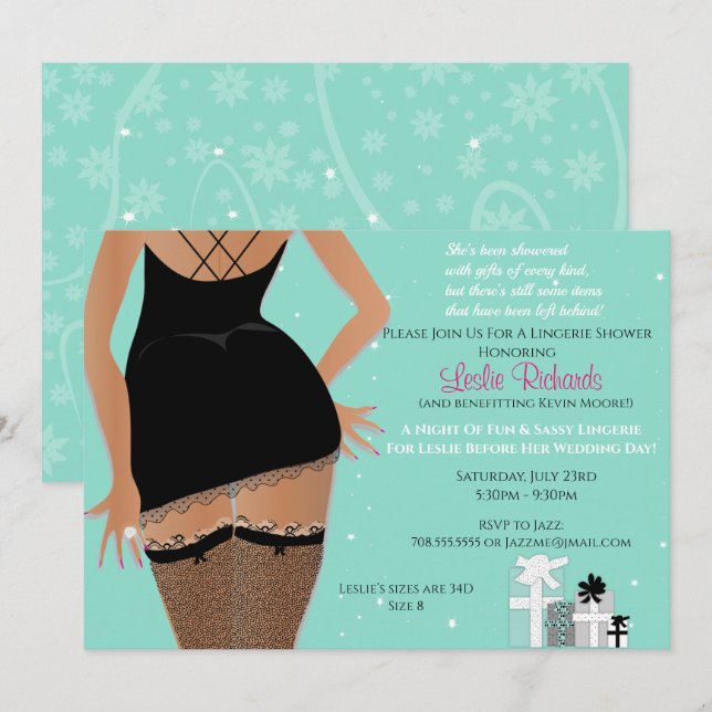 Teal Sparkle Lingerie Bridal Shower Invitation (Front/Back)
