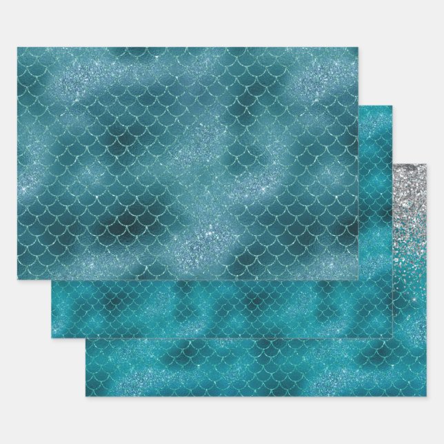 Teal Sparkle Mermaid Wrapping Paper Sheet (Set)