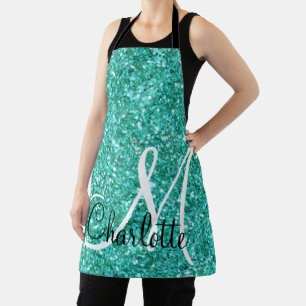 Teal  sparkling glitter monogrammed     apron