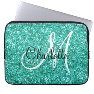 Teal sparkling glitter monogrammed laptop sleeve