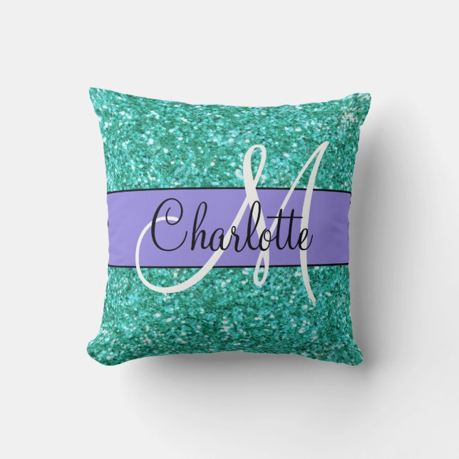 Teal  sparkling glitter monogrammed       throw pillow (Front)