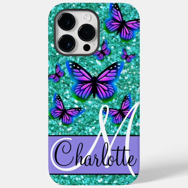 Teal sparkling glitter, purple butterflies  Case-Mate iPhone case (Back)