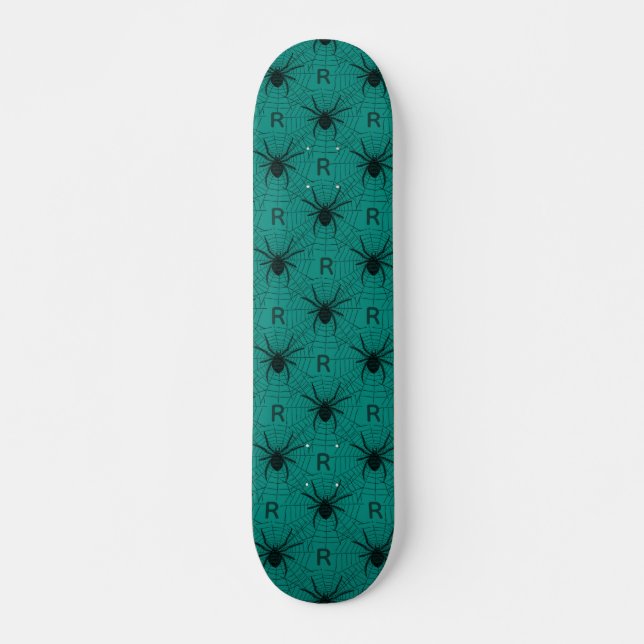 Teal Spooky Spider Custom Monogram Initial Pattern Skateboard (Front)