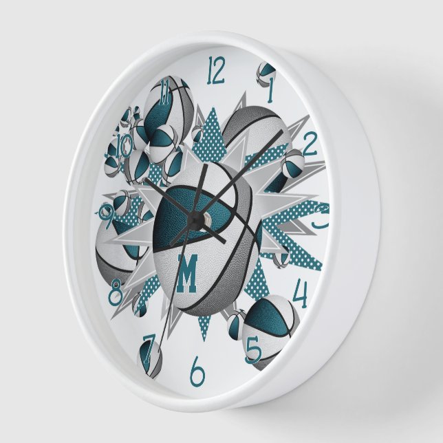 teal sports room decor girls basketballs stars clock (Angle)