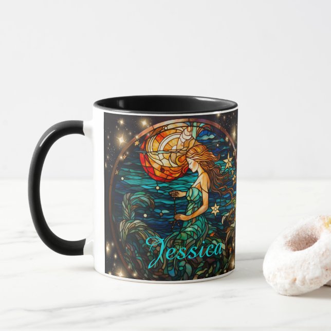 Teal Stained Glass Fantasy Mermaid Mug (With Donut)