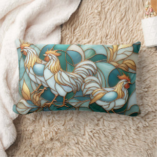 Teal Stained Glass Roosters Elegant Farmhouse Lumbar Pillow