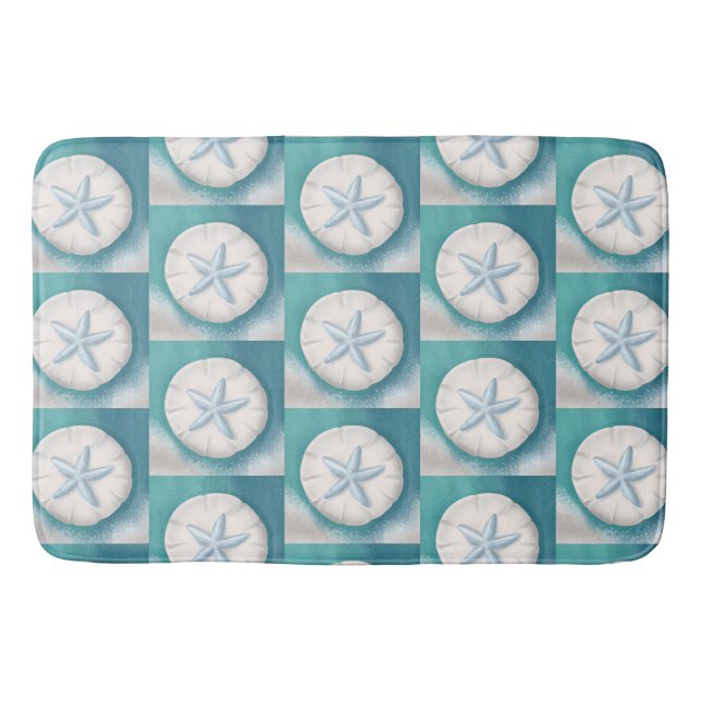 Teal Starfish and Sand Dollar Beachy  Bath Mat (Front)