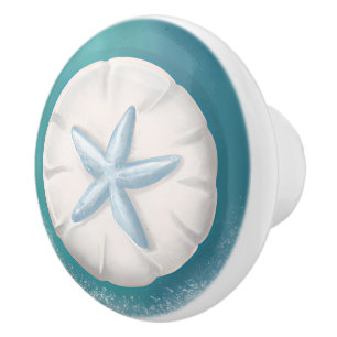 Teal Starfish and Sand Dollar Beachy  Ceramic Knob