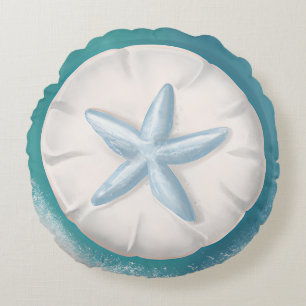 Teal Starfish and Sand Dollar Beachy  Round Pillow