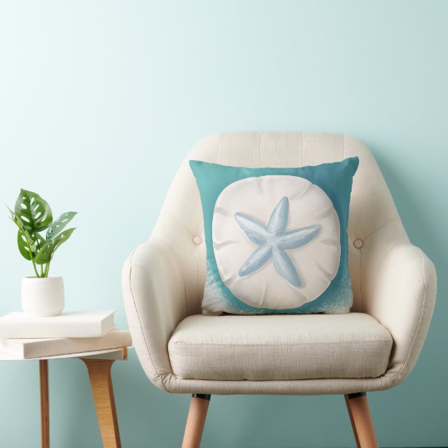 Teal Starfish and Sand Dollar Beachy  Throw Pillow (Chair)