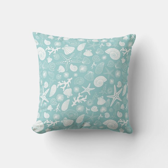 Teal Starfish and Seashells Sealife Throw Pillow (Front)
