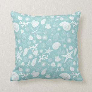 Teal Starfish and Seashells Sealife Throw Pillow