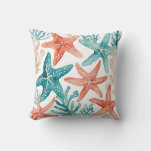 Teal Starfish Beachy Seashell Pattern Throw Pillow