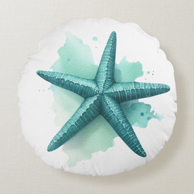 Teal Starfish Seashell Beachy Coastal Shell Round Pillow (Front)