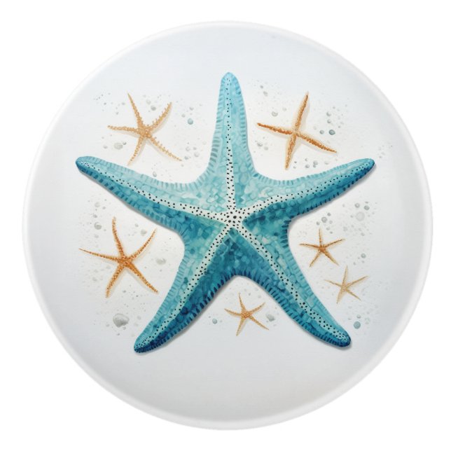 Teal Starfish Watercolor Ceramic Knob (Front)