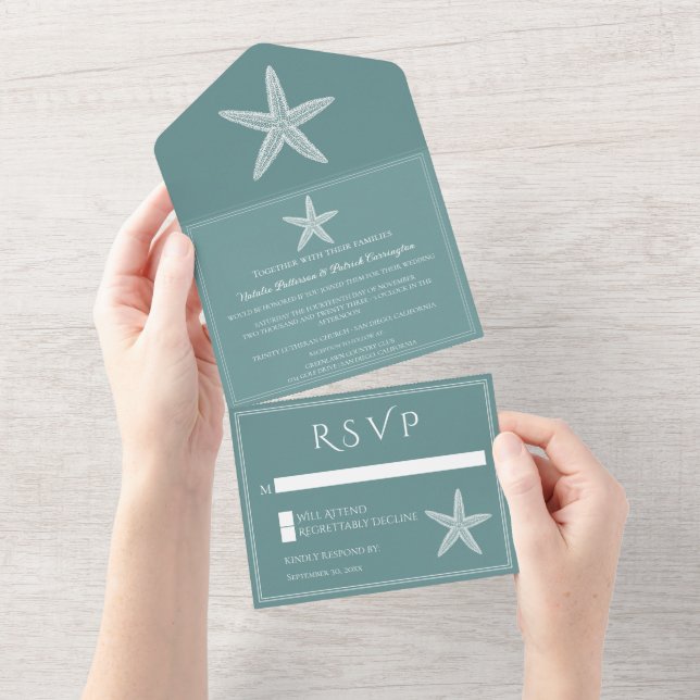 Teal Starfish Wedding All In One Invitation (Tearaway)