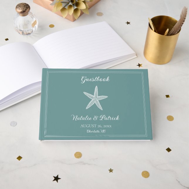Teal Starfish Wedding Guest Book (Front Open)
