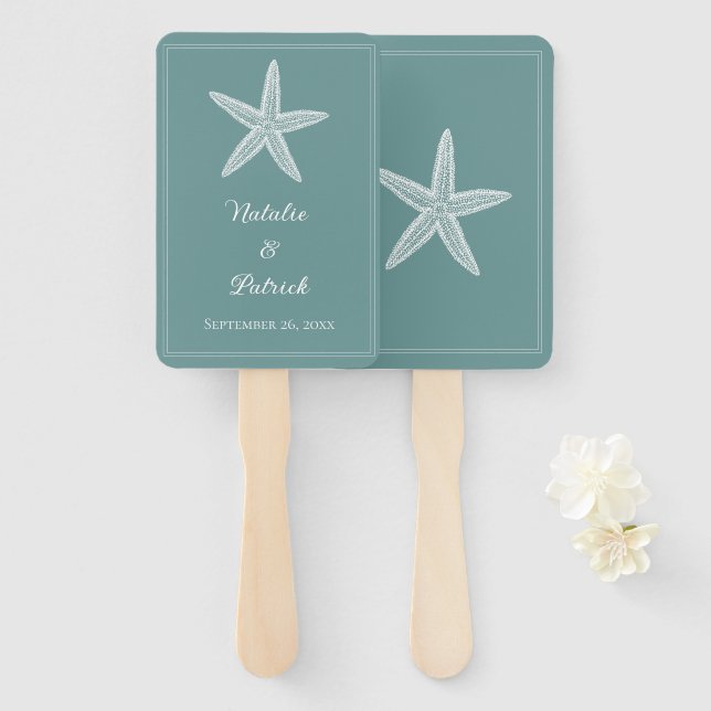 Teal Starfish Wedding Hand Fans (Front and Back)