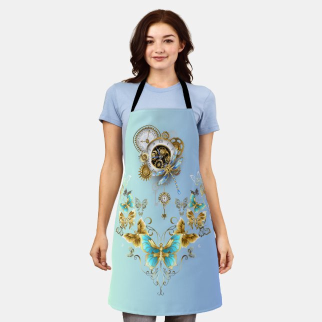 Teal Steampunk Graphic Art, Harmonious Mechanics Apron (Worn)