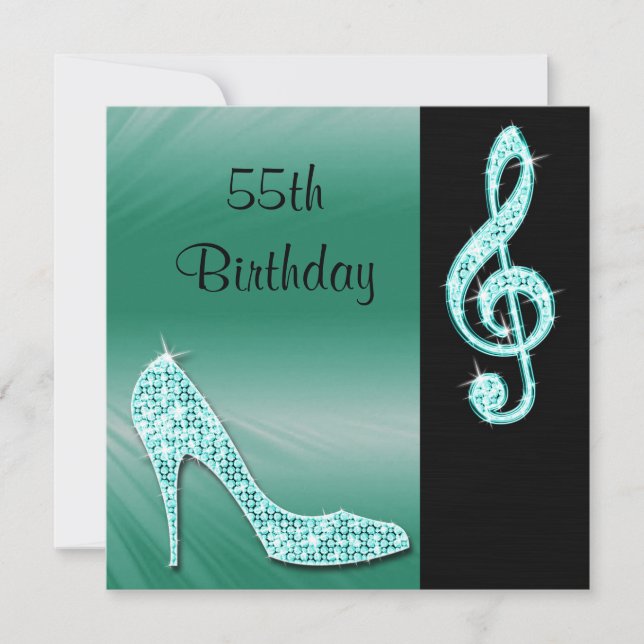 Teal Stiletto & Treble Cleft 55th Birthday Invitation (Front)