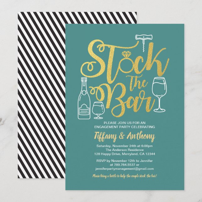 Teal Stock the bar invitation engagement party (Front/Back)