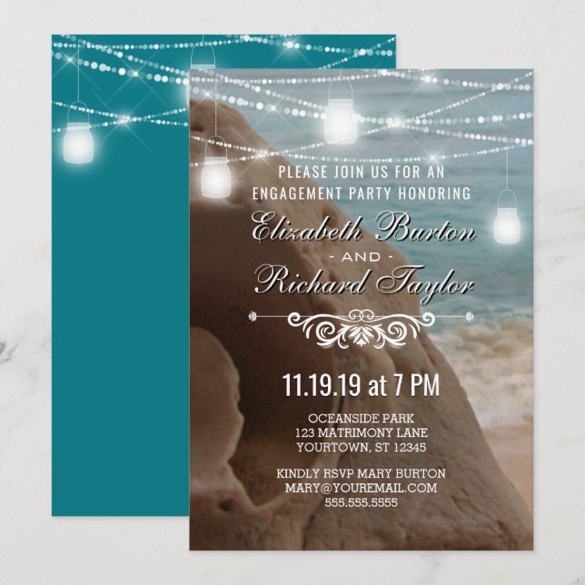Teal String Lights Beach Engagement Party Invitation (Front/Back)