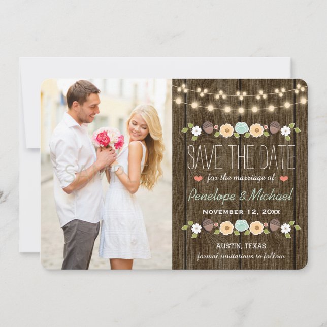 Teal String of Lights Fall Rustic Save the Date (Front)