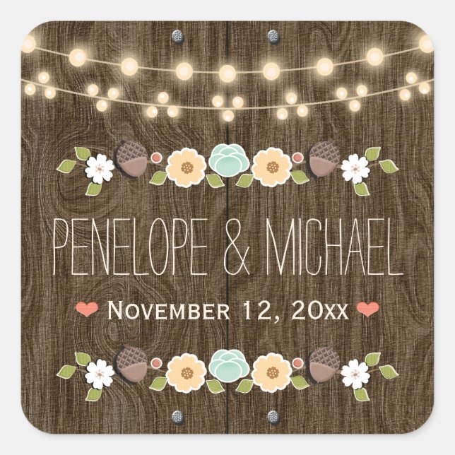 Teal String of Lights Rustic Fall Acorn Wedding Square Sticker (Front)