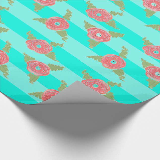 Teal Stripe And Floral Wrapping Paper (Corner)