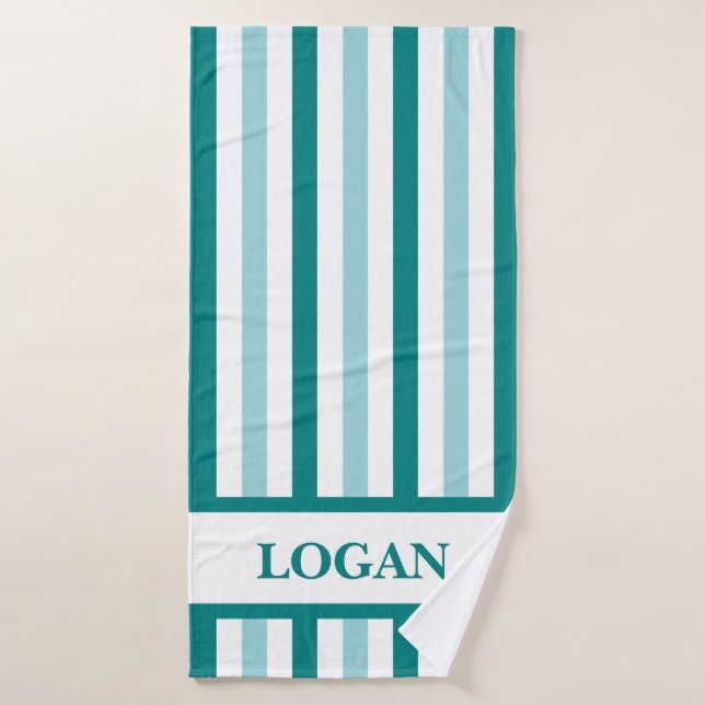 Teal Stripe Bath Towel with Custom Name (Bath Towel)