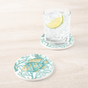 Teal Striped Watercolor Fish Coaster