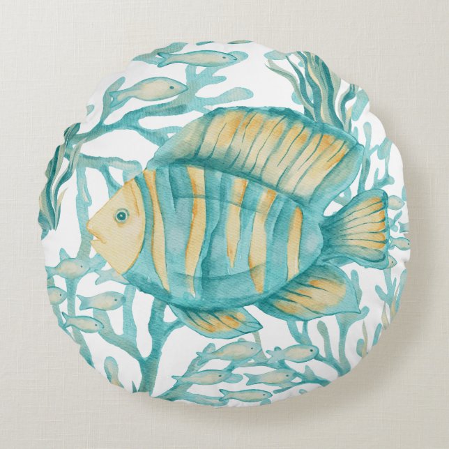 Teal Striped Watercolor Fish Round Pillow (Front)