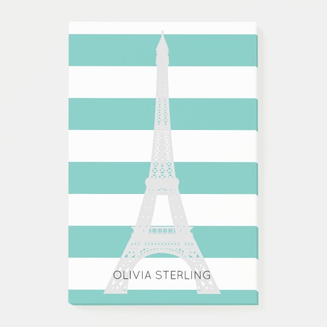 Teal Stripes & Eiffel Tower | Custom Name Post-it Notes (Front)