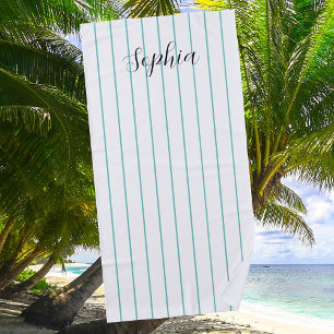 Teal Stripes on White & Black Script Name Beach Towel