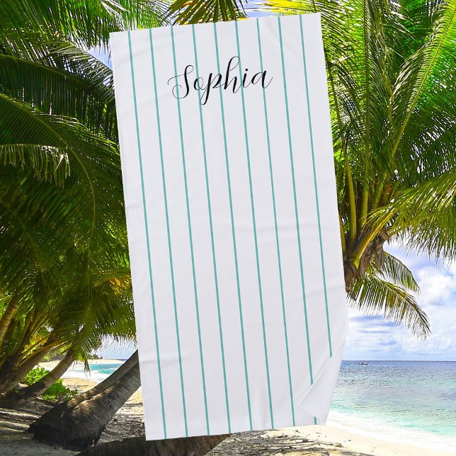 Teal Stripes on White & Black Script Name Beach Towel (Creator Uploaded)