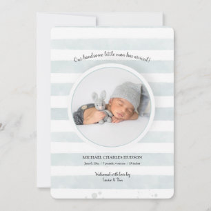 Teal Stripes Photo Birth Announcement 