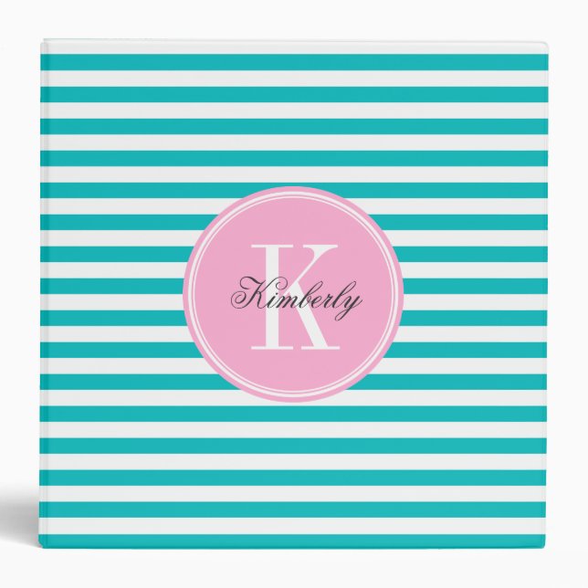 Teal Stripes with Bubblegum Pink Monogram Binder (Front)