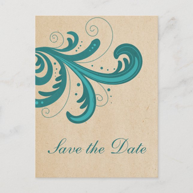 Teal Stylish Swirls Save the Date Postcard (Front)