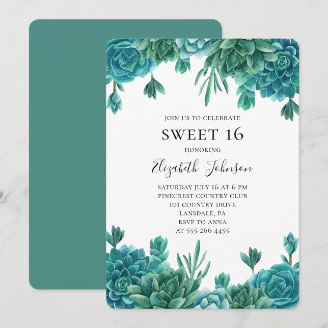 Teal succulent sweet 16. Blue cactus 16th birthday Invitation (Front/Back)